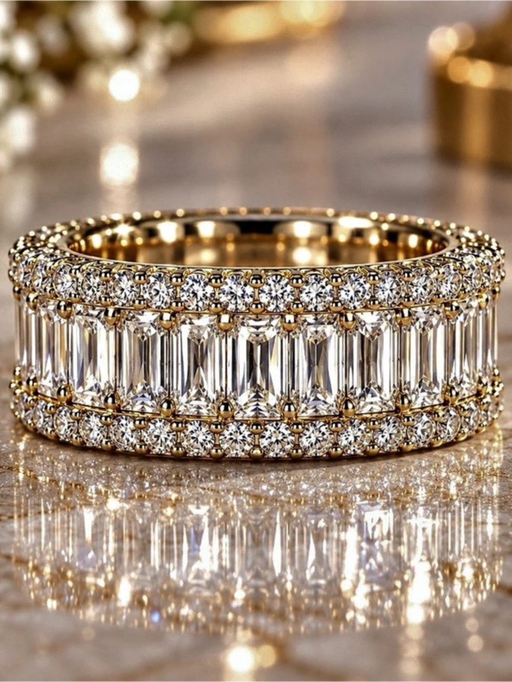 18K Gold Filled Baguette & Round AAAAA CZ Wide Eternity Ring Size 7